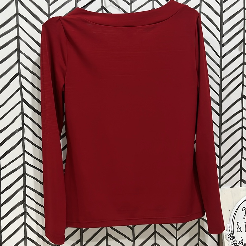 East 5th Ruby Red Long Sleeve With Scoop Neck Bow Embellishment Blouse, Sz.S - Picture 5 of 15